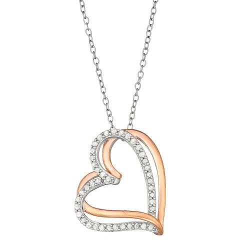 Two Tone Sterling Silver 1/4 Carat T.W. Diamond Interlocking Heart Pendant Necklace
