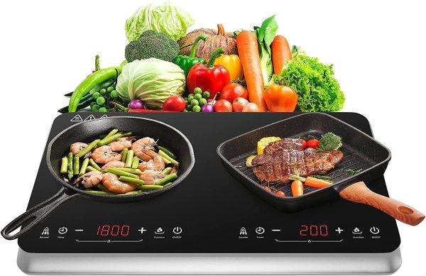 Double Induction Cooktop Burner with Fast Warm-Up Mode, 1800w 2 Induction Burner with 10 Temperature 9 Power Settings, Portable Dual Induction Cooker Cooktop with Child Safety Lock & Time