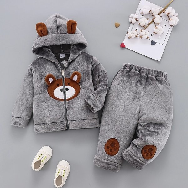 2-piece Toddler Girl/Boy Bear Embroidered Zipper Hooded Fuzzy Coat and Pants Set