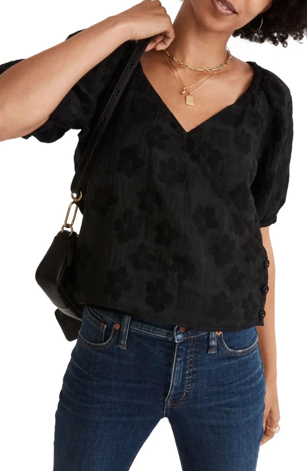 Floral Jacquard Puff Sleeve Wrap Top