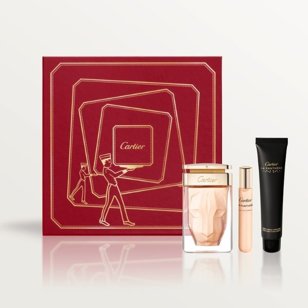 La Panthere Eau de Parfum gift set containing a 75 ml Eau de Parfum, 40 ml Hand Cream and a 15 ml Purse Spray