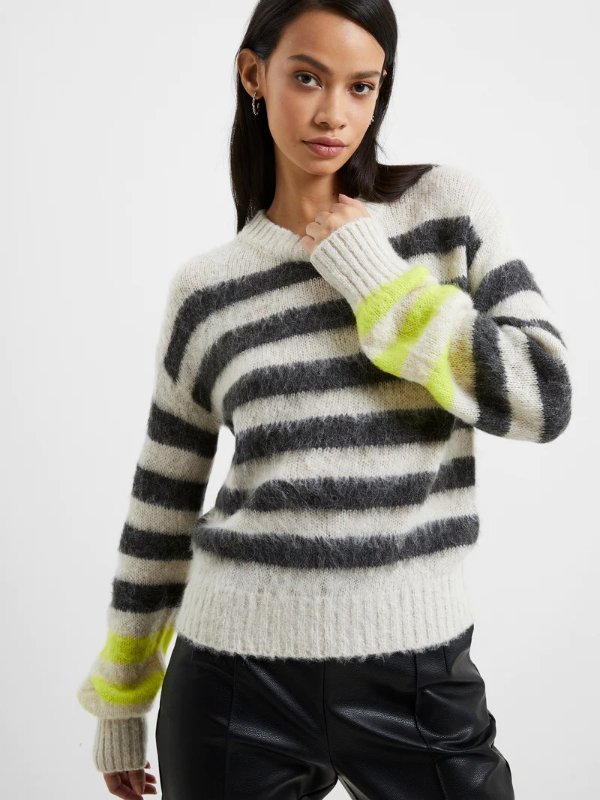 Hadlee Jessica Striped Sweater Oatmeal/ Dark Grey/ Bright Lime | French Connection USHadlee Jessica Striped Sweater