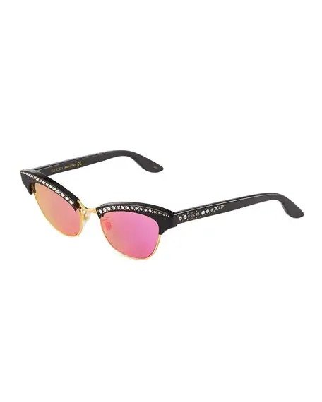 Jeweled Acetate/Metal Cat-Eyed Brow-Line Sunglasses