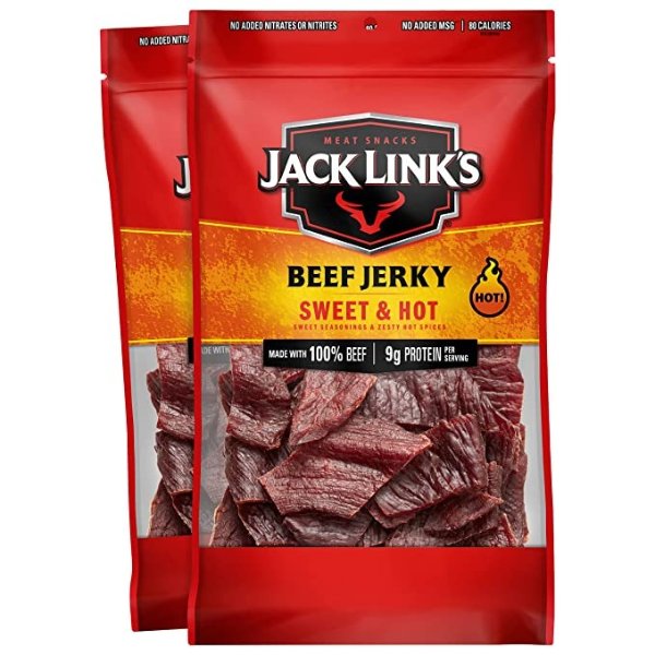 Jack Link’s Beef Jerky, Sweet & Hot, (2) 9 Oz Bags – Great Everyday Snack, 9g of Protein and 80 Calories, Made with Premium Beef - 96 Percent Fat Free, No Added MSG (Packaging May Vary)