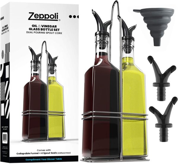 Zeppoli 17oz 玻璃橄榄油/醋瓶2个+不锈钢收纳架+备用壶嘴