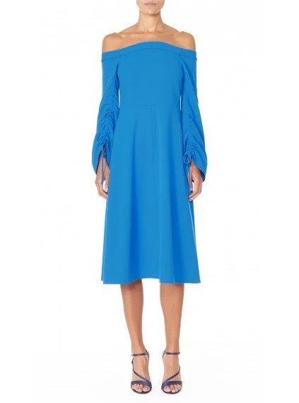 Tibi Structured Crepe Off-the-Shoulder Midi Dress with Tie Sleeves