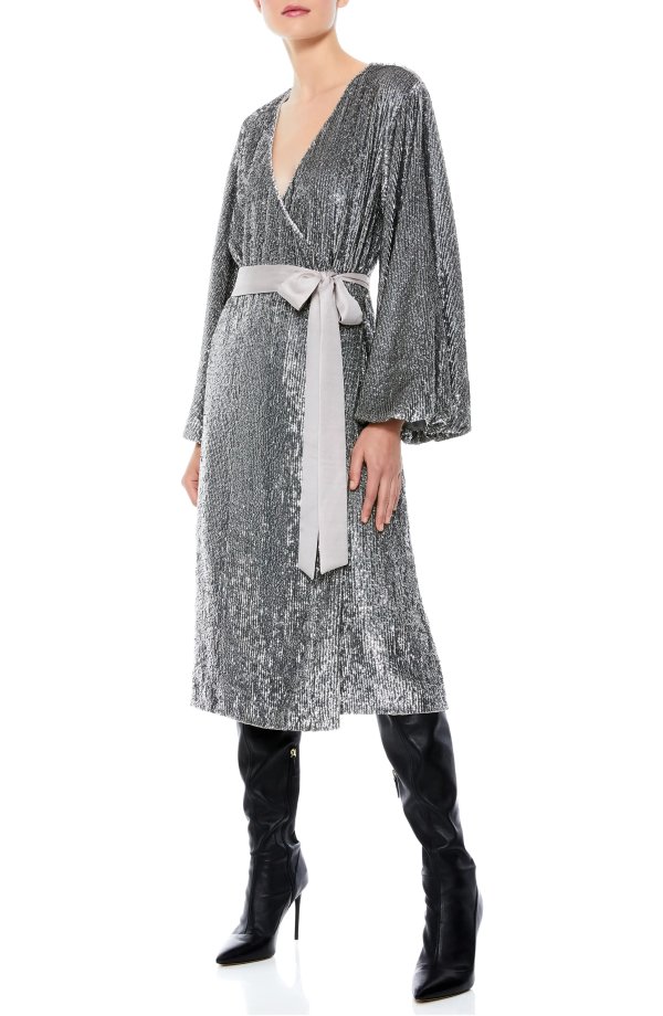 Anne Sequin Long Sleeve Wrap Dress