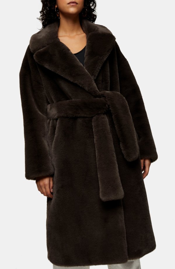 Bella Belted Long Faux Fur Coat