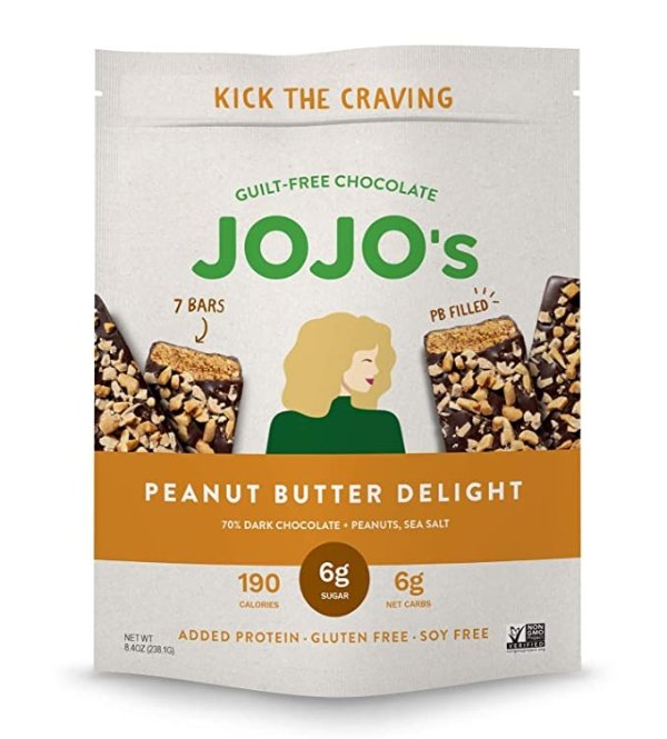 JOJO's Dark Chocolate Bars with Plant Based Protein, Low Sugar, Low Carb, Vegan, Paleo & Keto Friendly, Healthy Snack, Peanut Butter Delight, 8.4oz Bag (7 Bars)