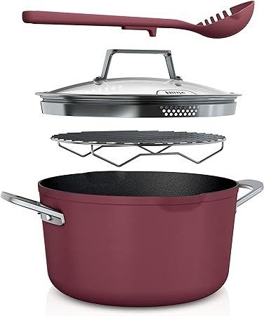 CW202RD Foodi NeverStick PossiblePot, Premium Set with 7-Quart Capacity Pot, Roasting Rack, Glass Lid & Integrated Spoon, Nonstick, Durable & Oven Safe to 500°F, Cherry Tart