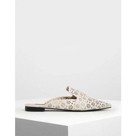 White Motif Pointed Toe Slip Ons | CHARLES & KEITH