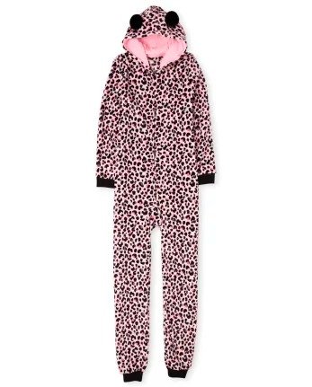 Womens Mommy And Me Long Sleeve Leopard Print Fleece Hooded Matching One Piece Pajamas | The Children's Place