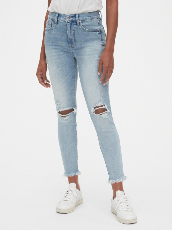 High Rise Destructed True Skinny Ankle Jeans with Secret Smoothing Pockets