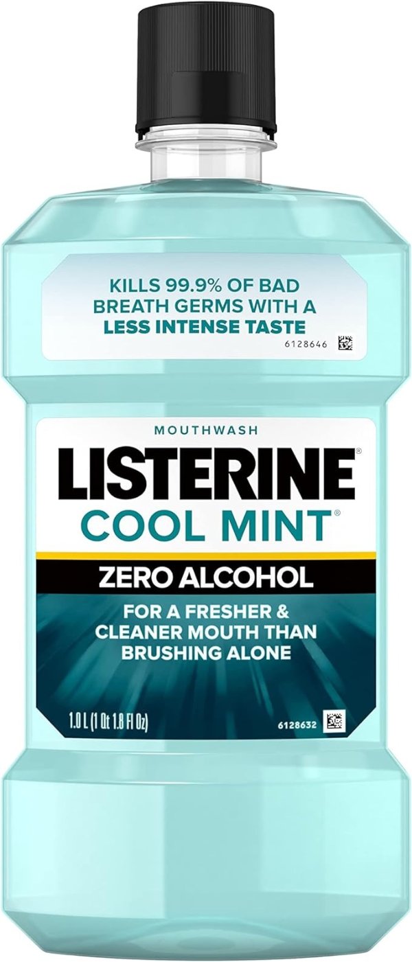 Zero Alcohol Mouthwash, Less Intense Alcohol-Free Oral Care Formula for Bad Breath, Cool Mint Flavor, 1 l