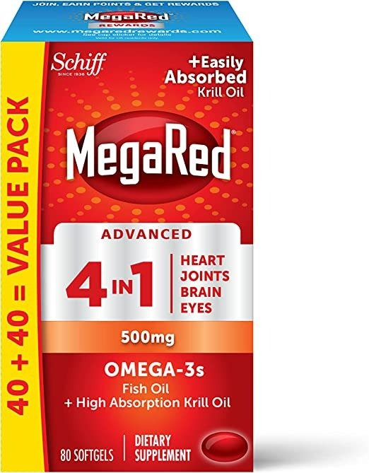 MegaRed Advanced 4合1 软胶囊，Omega-3 鱼油+高吸收磷虾油，500mg（每瓶80粒），浓缩的Omega-3鱼和磷虾油补充剂（1瓶）