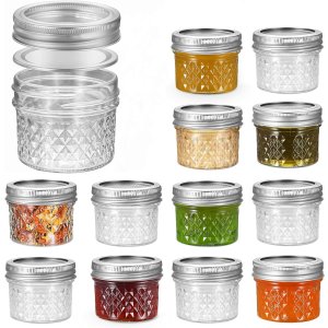 FRUITEAM 4 oz 12 PACK Mini Mason Jars with Lids and Bands