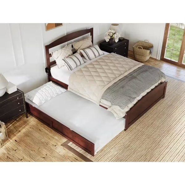 Warren 60-1/4 in. W Walnut Queen Wood Frame with Twin XL Pull Out Trundle Bed Footboard a USB Charger Platform Bed