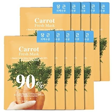 BRING GREEN CARROT 90% Fresh Mask (10 Count) - Daily Skincare Facial Mask Sheet for Brightening, Revitalizing, Moisturizing, improve Skin Tone & Texture, with Natural Ingredients, all Natural Fiber Sheet (0.7 fl.o.z.*10sheets, 20g*10sheets)