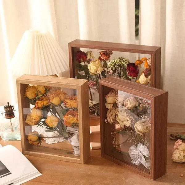 1pc Wooden Dried Flower Photo Frame, Dried Flower Display Stand, Decorative Floating Photo Frame, With Glass Sheet, DIY Display Box, Suitable For Dried Flowers, Specimens, Handicrafts, Baby Souvenirs And Photos DIY Shadow Box Frame