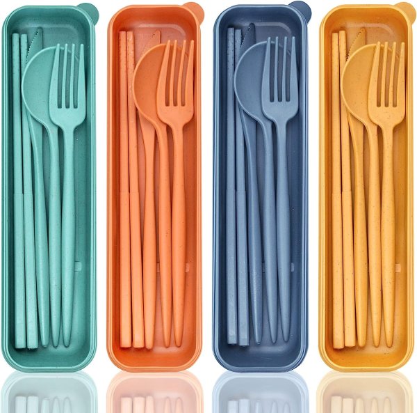 Reusable Travel Utensils with Case, 4 Sets Wheat Straw