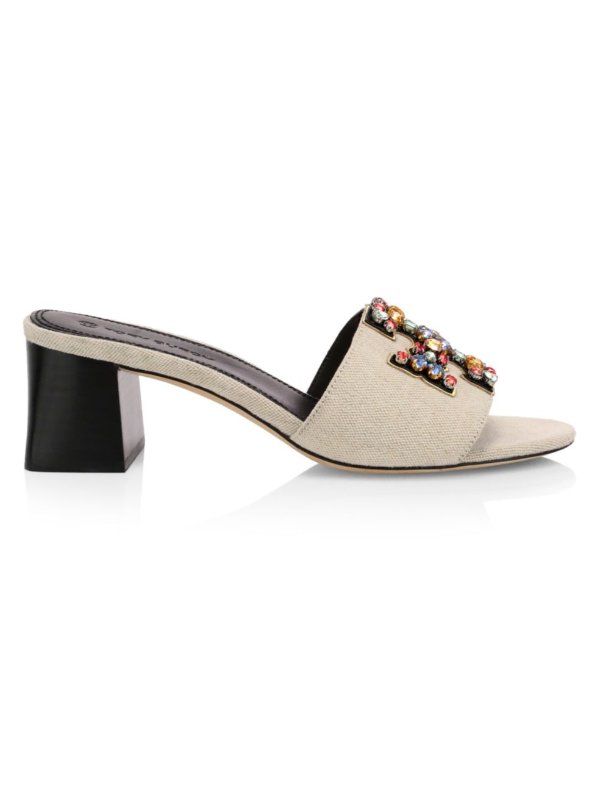 - Ines Embellished Linen & Leather Mules