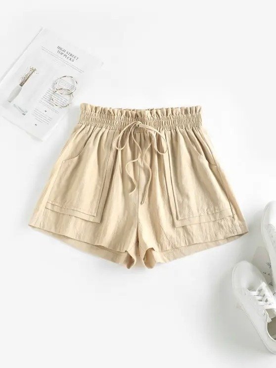 Pockets Solid Tie Waist Paperbag Shorts LIGHT COFFEE
