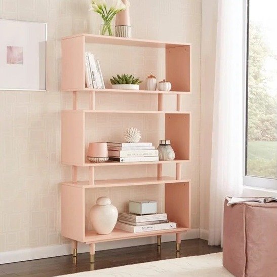 Margo Mid-Century 3-Shelf Bookshelf - 59.5"h x 36"w x 11.8"d - Blush Pink