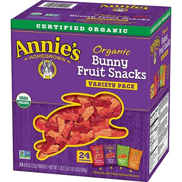 Annie's Organic Bunny Fruit Snacks, Variety Pack, 24 Pouches, 0.8 oz Each