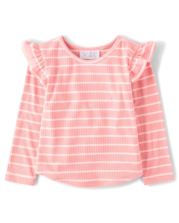 Baby And Toddler Girls Long Sleeve Striped Ribbed Flutter Top | The Children's Place - ROSE PETAL