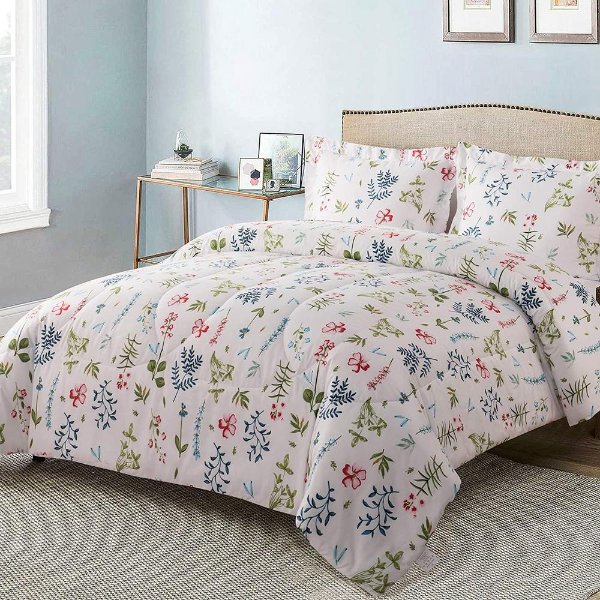 3-Piece Flower Bud Microfiber King Comforter Set Printed Comforter with 2-Pillow Shams
