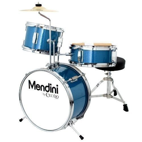 Mendini by Cecilio 13 inch 3-Piece Kids/Junior Drum Set with Throne, Cymbal, Pedal & Drumsticks, Metallic Blue, MJDS-1-BL