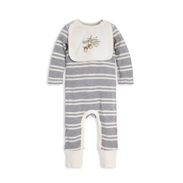 Stripe Organic Baby Jumpsuit & Attached Acorn Bib Set