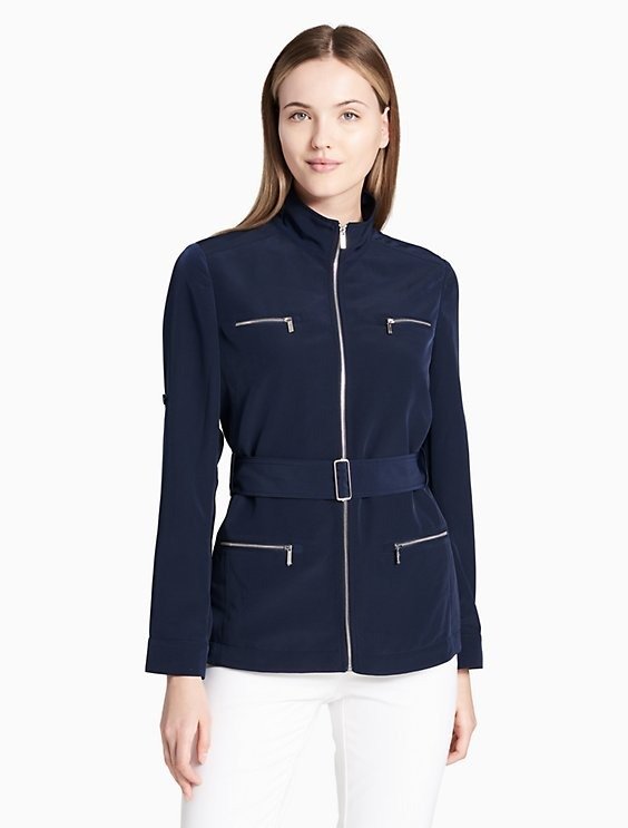 stand collar roll sleeve belted jacket | Calvin Klein