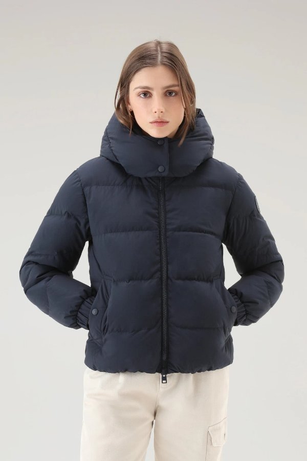 Quilted Down Jacket in Eco Taslan Nylon with Detachable Hood Melton Blue