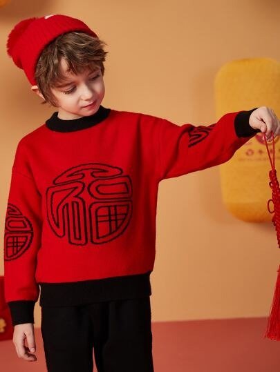 Boys Chinese Letter Pattern Drop Shoulder Sweater
