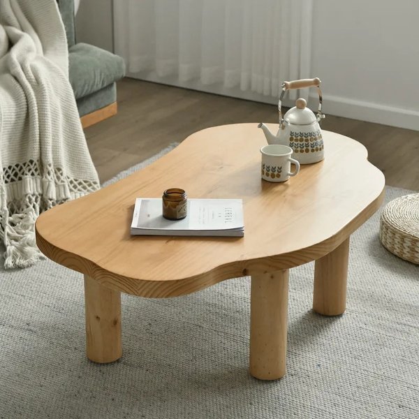 Farmhouse Pine Wood Coffee Table Cloud Shaped in Natural with 4 Legs-Homary
