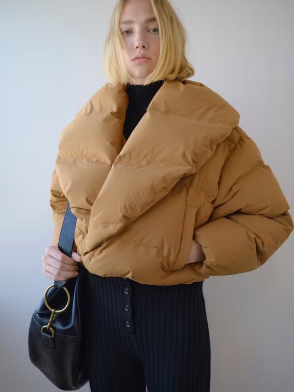 Cropped Shawl Puffer in Camel