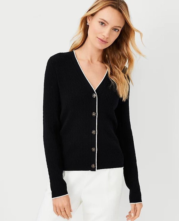 Tipped Mini Cable Cardigan | Ann Taylor
