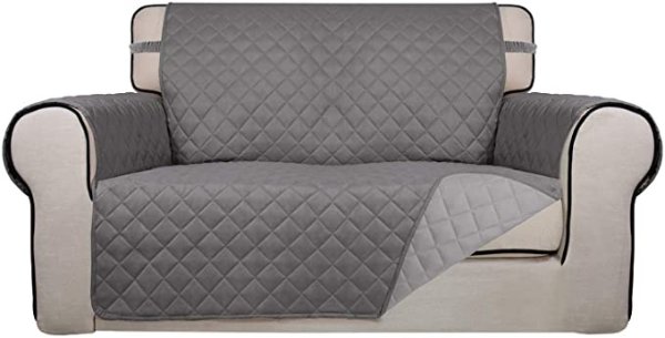 PureFit Reversible Quilted Sofa Cover, Water Resistant Slipcover Furniture Protector, Washable Couch Cover with Non Slip Foam and Elastic Straps for Kids, Dogs, Pets (Loveseat, Gray/LightGray)