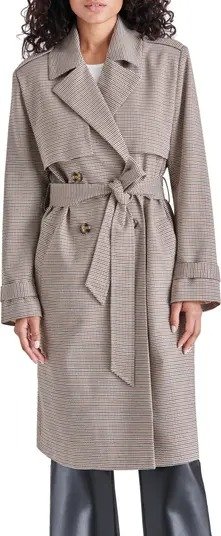 Belted Houndstooth Check Trench Coat