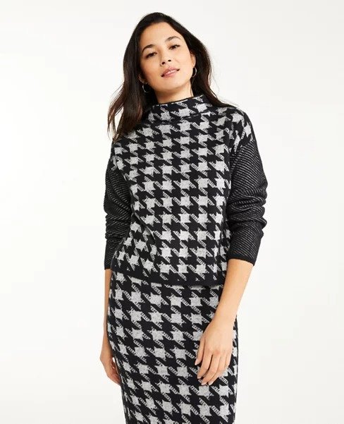 Petite Striped Sleeve Houndstooth Jacquard Sweater | Ann Taylor