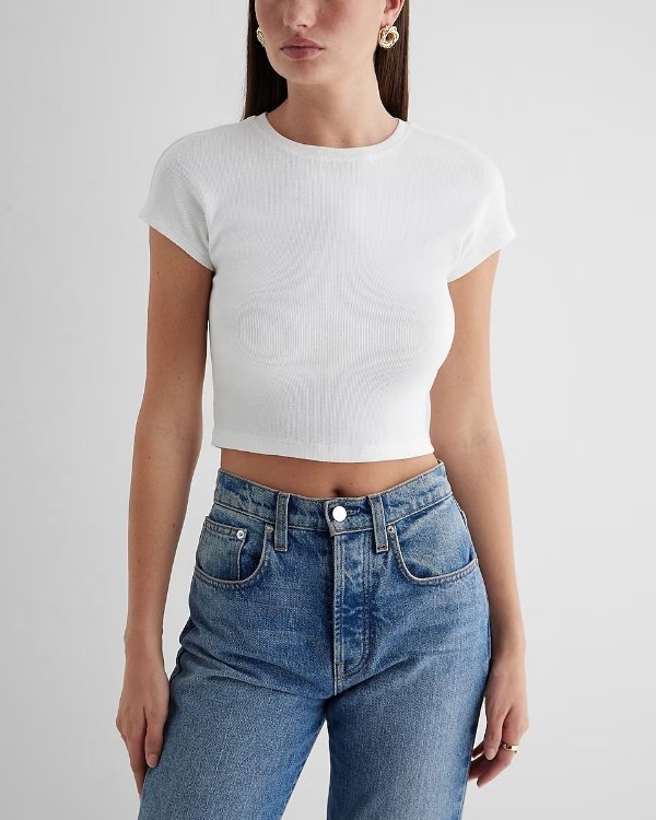 Fitted Ribbed Crew Neck Cap Sleeve Cropped Tee