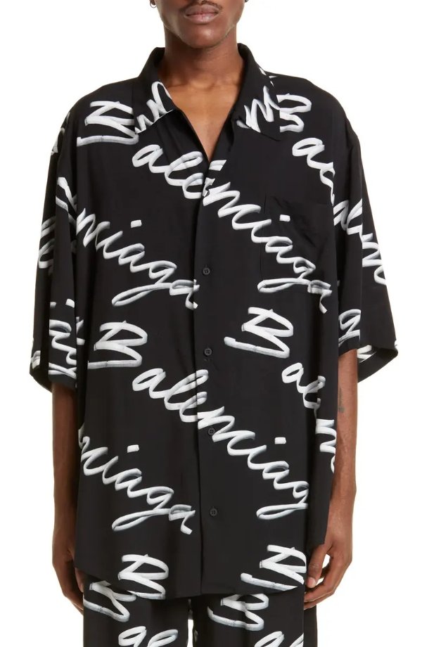 Men's Scribble Print Short Sleeve Logo Button-Up Shirt