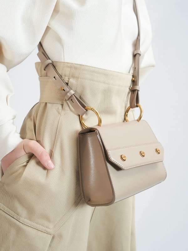 Taupe Studded Top Handle Bag | CHARLES &amp; KEITH