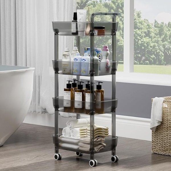 HAIXIN 4 Tier Clear Bathroom Cart Organizer Acrylic Rolling Laundry Cart With Handle, Mobile Utility Cart Shelving Unit Transparency Cart On Wheels Kitchen Storage Cart for Laundry Nursery Office Grey