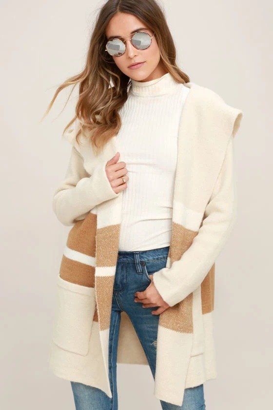 Carlsbad Tan and Beige Hooded Cardigan Sweater