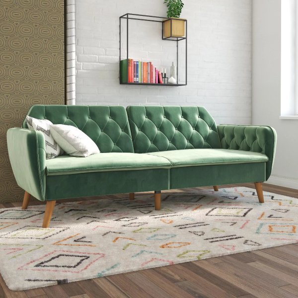 Tallulah Memory Foam Futon and Sofa Bed, Light Green Velvet