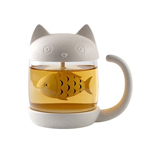 Carlie Cat Glass Cup Tea Mug With Fish Tea Infuser