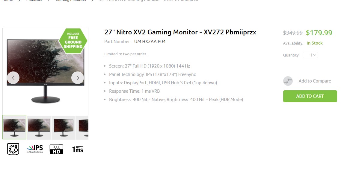 27" Nitro XV2 Gaming Monitor - XV272 Pbmiiprzx显示器