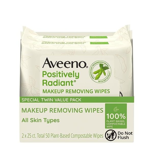 Positively Radiant Oil-Free Makeup Removing Face Wipes to Help Even Skin Tone and Texture with Moisture-Rich Soy Extract, Gentle Facial Cleansing Wipes, Twin Pack, 2 x 25 ct.